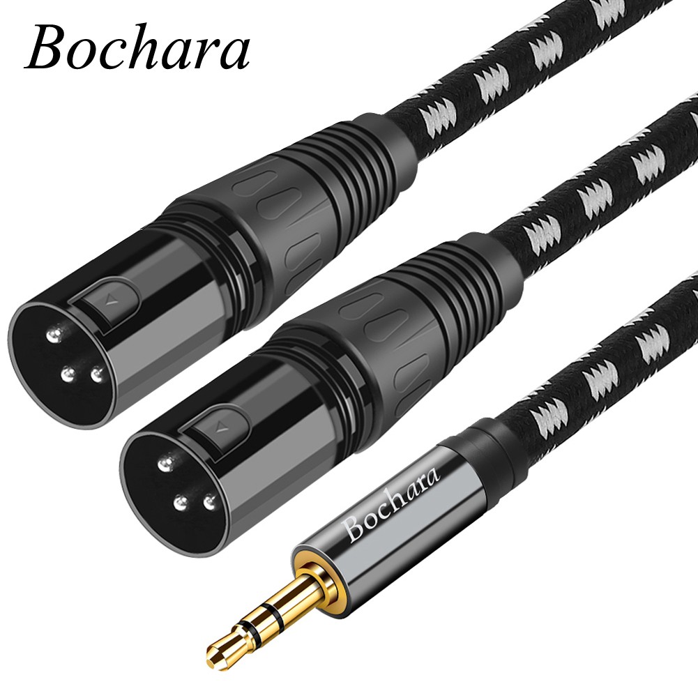Bochara Braided แจ็คสเตอริโอ 3.5 มม.ถึง Dual XLR ชาย OFC สายสัญญาณเสียง Shielded สําหรับลําโพง