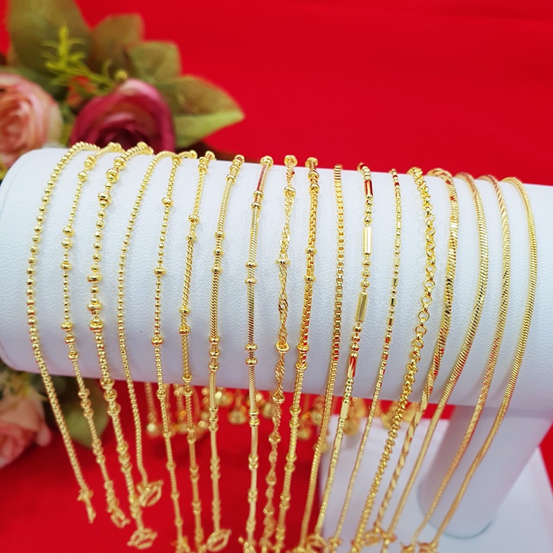 สร้อยข้อเท้าทองห้อยกระพรวน ลายเม็ดมะยม, ไข่ปลา, กระดูกงู ยาว 9-12.8 นิ้ว ทองชุบ งานสวย ใช้ได้ทุกโอกาส ทองปลอม พร้อมส่ง
