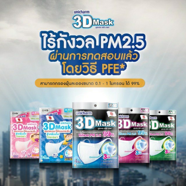 หน้ากากอนามัยสำหรับเด็ก หน้ากากกันฝุ่น 3D หน้ากากอนามัย 3D ป้องกันไวรัส ฝุ่น PM 2.5 Unicharm Thailan