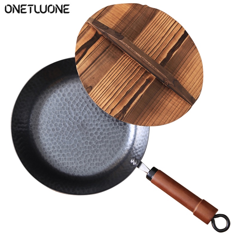 ♠Cast Iron Wok Pan High Quality Traditional Cookware Iron Wok Induction Compatible Non-stick Frying Pan Non-coating Pan