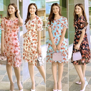 ชุดเดรส ผ้าชีฟองเนื้อไข่มุกอย่างดี ลายดอกไม้ แขนตุ๊กตา ใส่ออกงาน