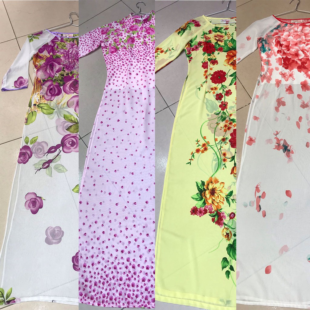 3D พิมพ์ลายดอกไม้ ao dai ไซส์ M ลายอ่อนโยน - จุดคอปาดราคาถูก และคอ 2 นิ้ว ao dai