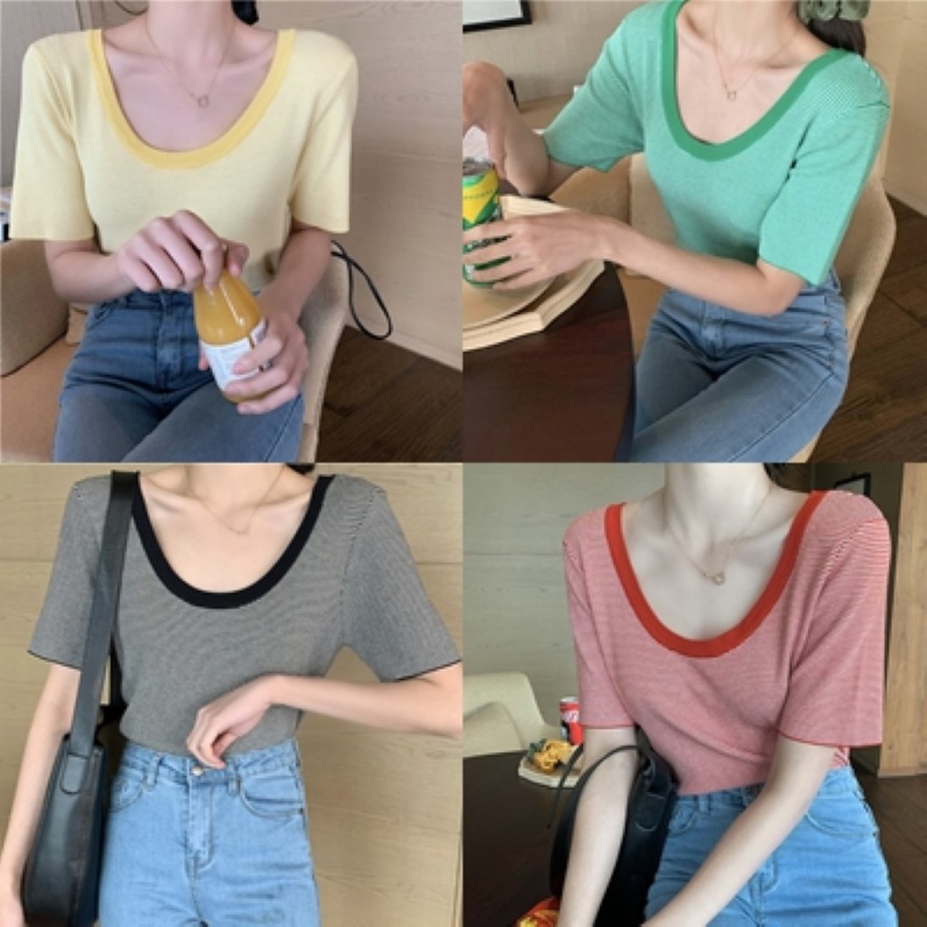 FC พร้อมส่ง เสื้อยืดผ้าไหมพรมลายริ้วเล็ก คอกว้างแต่งขอบสี 4 สี แฟชั่น