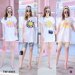 MM14905 Set 3 ชิ้น #สาวอวบ เสื้อคอกลมไหล่ล้ำ+เลกกิ้งขาสั้นลายสก็อต+ผ้าคาดผม	Set of 3 pieces #chubby girl, round neck top