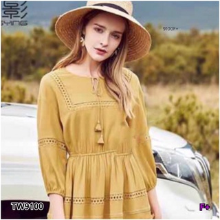 👗Pfashion [ส่งไว!!🚛] P9100 แม็กซี่เดรสแขนศอกแต่งฉลุ Openwork elbow sleeve maxi dress