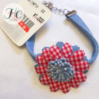 ข้อมือผ้ายีนส์ งานญี่ปุ่น ลายดอกไม้ลายสก๊อตสีแดง ปรับขนาดได้ bracelet