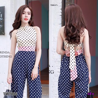 7886 Jumpsuit จั๊มสูทขายาว เนื้อผ้าอิตาลีเย็บแต่งลายจุด polka dot 3 สี