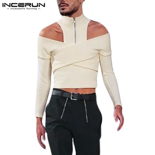 INCERUN Mens Fashion Design Off Shoulder Long Sleeve Solid Color Crop Knit Tops