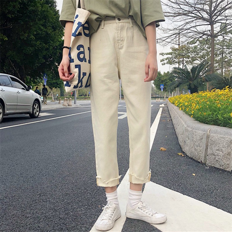 กางเกงยีนส์เอวสูงสไตล์เกาหลีสำหรับผู้หญิง