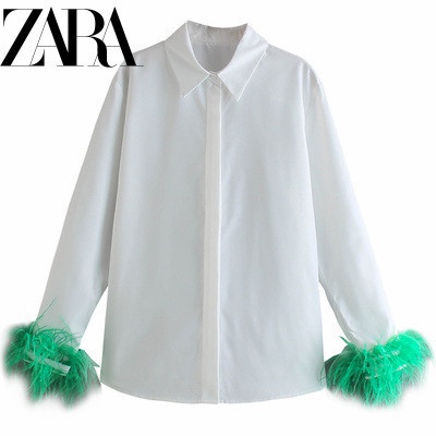 Zara ฤดูใบไม้ผลิ ใหม่ ออกแบบขนนก ด้านบน เสื้อเชิ้ต สีขาว ผู้หญิง แขนยาว หลวม Poplin เสื้อเชิ้ต เสื้อเบลาส์