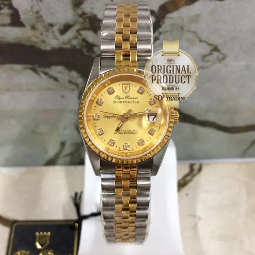MK OP (Olym Pianus) นาฬิกาข้อมือผู้หญิงขอบหยัก ซัฟฟราย สายสแตนเลส 2กษัตริย์ รุ่น 68322-403E 2G (เงิน/ทอง)