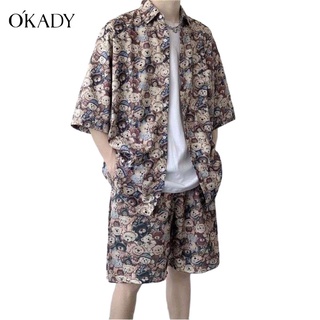 OKADY เสื้อเชิ้ตผู้ชายหมีสไตล์ย้อนยุคแฟชั่นหลวม ๆ สบาย ๆ ทุกแมทช์