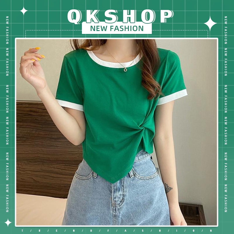 QKshop เสื้อยืดคอกลมแขนสั้น สีพื้น เรียบๆมีให้เลือกถึง 4 สี เนื้อผ้านิ่มสวมใส่สบาย ขอบแขนกับคอเสื้อสลับสี ดูมีสเน่ห์