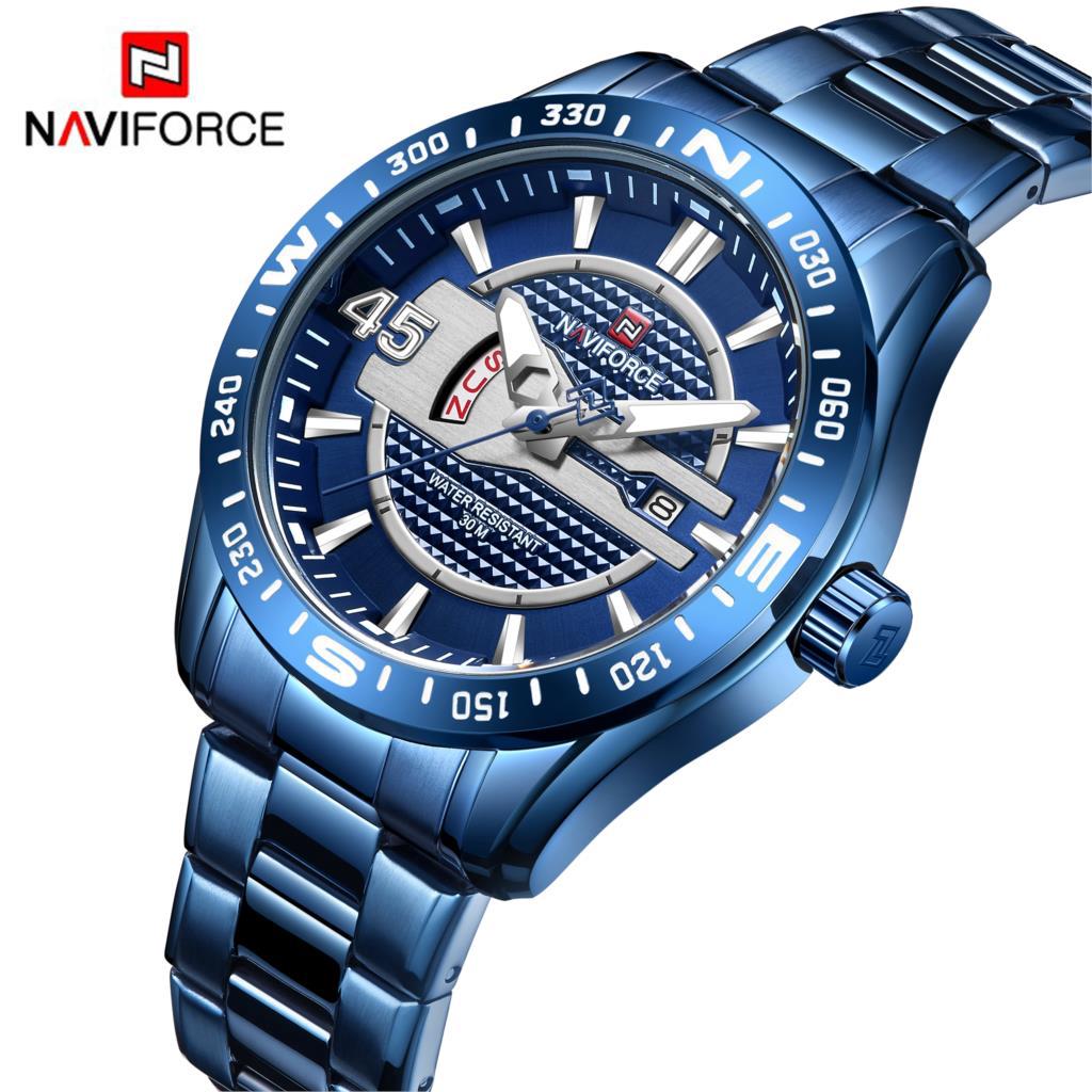 NAVIFORCE 9157 แบรนด์หรูผู้ชายสแตนเลสสีฟ้านาฬิกาผู้ชายควอตซ์นาฬิกาผู้ชายกีฬานาฬิกาข้อมือกันน้ำ