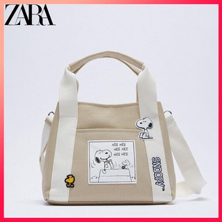 Zara กระเป๋าสะพายไหล่ กระเป๋าถือ ผ้าแคนวาส ลายการ์ตูนอนิเมะ Snoopy สีขาว สําหรับสตรี 2021