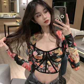 เสื้อยืดแขนยาว คอสี่เหลี่ยม ลายดอกไม้ สไตล์เรโทร สําหรับผู้หญิง