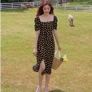ชุดเดรชสีดำพิมพ์ลาย มีสม็อคหลัง ผ่าหน้า งานจริงสวยมาก