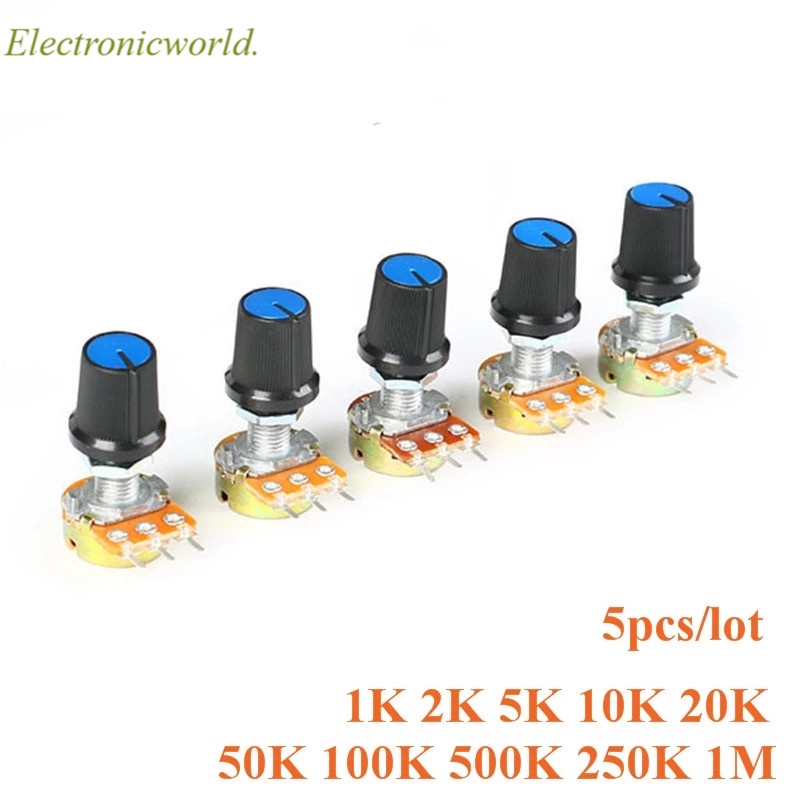 5 ชุด WH148 1K 10K 20K 50K 100K 500K Ohm 15mm 3 Pin Linear Taper Rotary Potentiometer Resistor พร้อม AG3 สีขาวหมวก