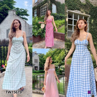 TwinsShopVip💗พร้อมส่ง TW15679 เดรสสายเดี่ยวลายสก็อต มีสายผูกหลัง Plaid single-breasted dress with ties at the