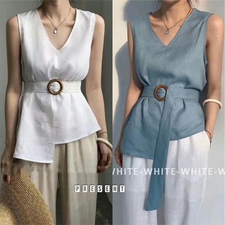 เสื้อแขนกุดคอวีมาพร้อมเข็มขัดหัวไม้