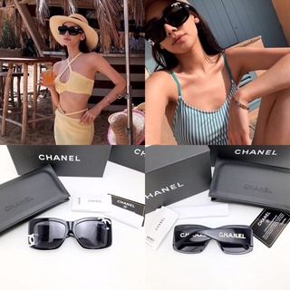 CHANEL CC WHITE LOGO OVERSIZE SUNGLASSES IN BLACK