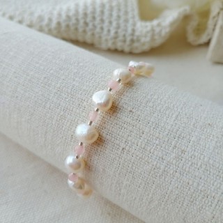 Sweet Pink หินสีชมพู สร้อยข้อมือ ไข่มุกแท้ มุกเคชิ หินอาเกต (Agate) หินกลม ลูกปัดใส Tinypearlxoxo N1268