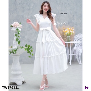 G17918 Dress เดรสยาว คอวีไหล่ระบาย สีพื้น มีโบว์เอว