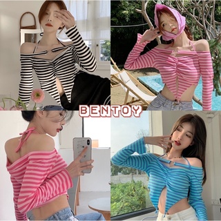 Bentoy(56332)เสื้อยืดแขนยาวเปิดไหล่ ลายทาง เซ็กซี่ ดีเทลชายไม่เท่ากัน