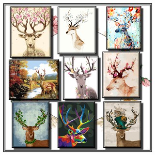 40*50cm DIY ภาพวาดสีน้ำมัน ภาพระบายสีตามตัวเลข Painting By Number on Canvas auspicious deers