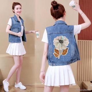 🌈Denim vest women short Slim slimming ฤดูใบไม้ผลิและฤดูใบไม้ร่วงเสื้อแขนกุดแฟชั่นเกาหลีปักเสื้อกั๊กเสื้อคาร์ดิแกนผู้หญิ