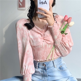 เสื้อชีฟอง แขนยาว ดีเทลกระดุมหน้า จั๊มช่วงเอวปลายแขน สีชมพูหวานน่ารักมากๆ