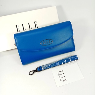 ELLE (EL480)กระเป๋าสตางค์ผู้หญิงใบยาว สีน้ำเงิน สามพับ ฝาโค้งมน มีสายคล้องมือ หนังแท้ผิวมัน โลโก้กลมรี ของแท้100%