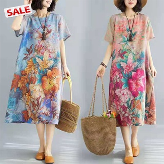 tdg Women Ethnic Style Printing Dress Short-sleeved Classic Round Neck Skin-friendly Casual Loose Floral Dress