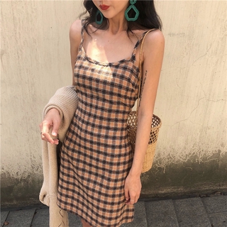 Fulllove มินิเดรสสายเดี่ยวผูกไหล่ เดรสลายสก๊อตสายเดี่ยว Sling Mini Dress Plaid 674#