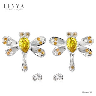 Lenya Jewelry ต่างหูรูปแมงปอประดับ SWAROVSKI ZIRCONIA สีเหลืองทอง สีเหลืองอำพัน และสีแชมเปญ ตัวเรือนเงินแท้ชุบทองคำขาว