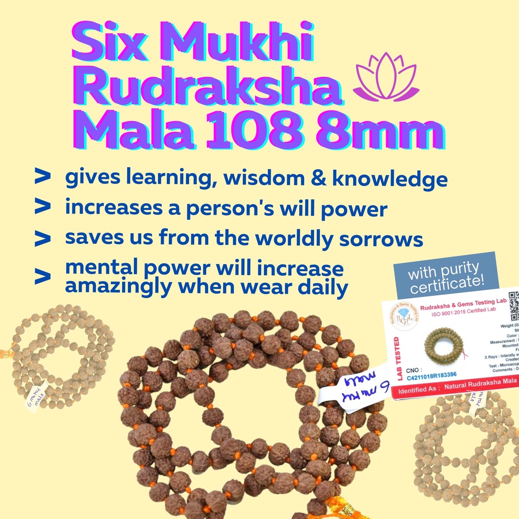 6 Face Rudraksha 108 Mala/Mlai (11mm) ลูกปัด Rudraksha พร้อมใบรับรอง Lab