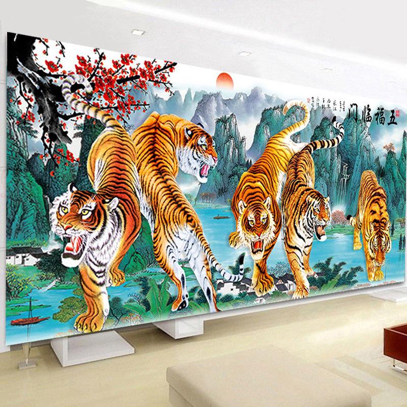 QIANZEHUI,DIY 5D Embroidery,Round Diamond Tiger Five Fortunes Full Diamond painting cross stitch,needlework