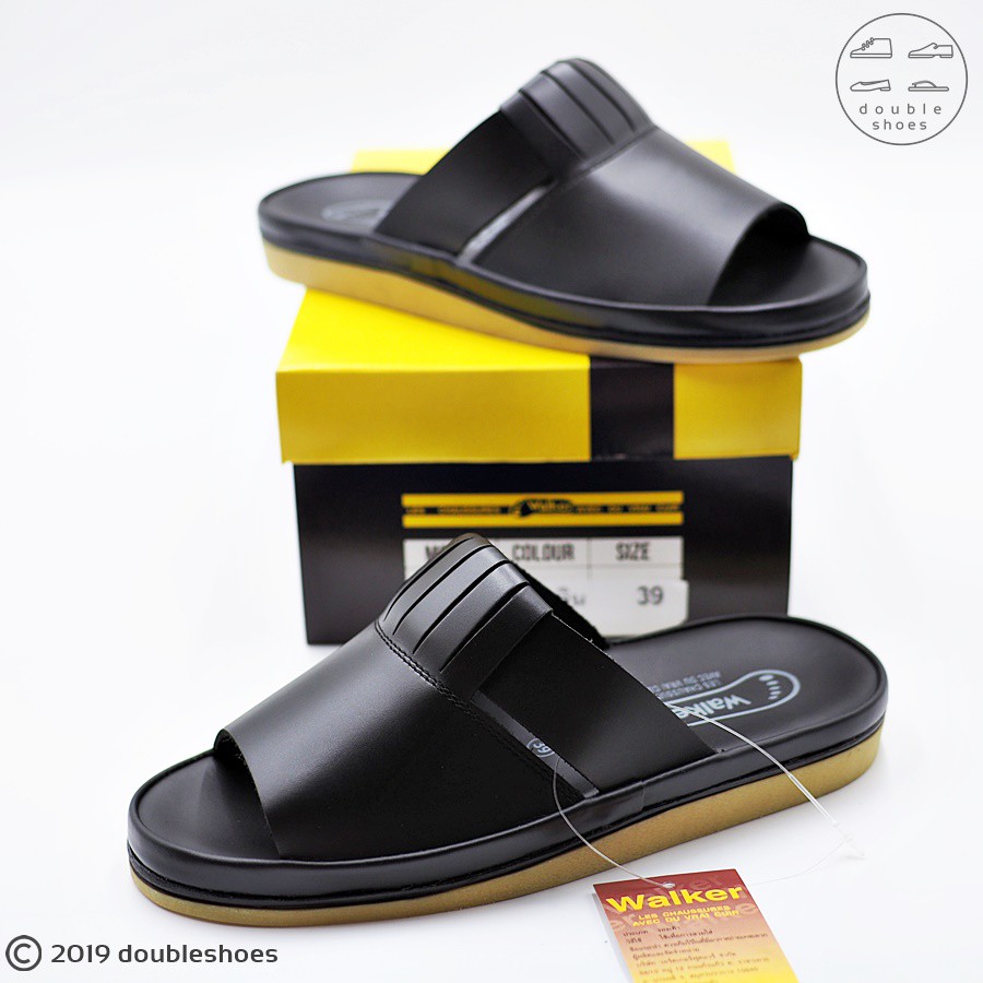 Walker (Super GOLD series) รองเท้าแตะหนังแท้  พื้นยางดิบ พื้นนุ่ม หนังดีมาก รุ่น DS002 สีดำ ไซส์ 39-46