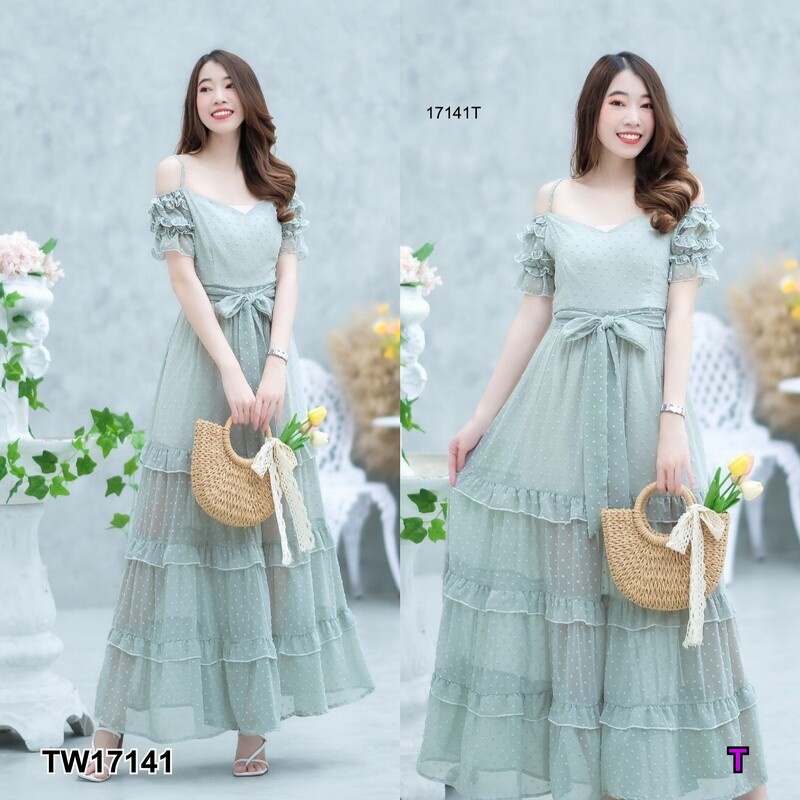 [พร้อมส่ง] 4สี ชุดเดรสยาว ชุดกระโปรงยาว ชุดเดรสออกงาน ชุดงานแต่ง เดรสงานแต่ง ชุดออกงาน ชุดไปงาน