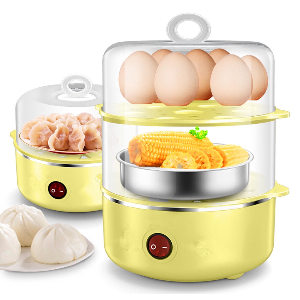 หม้อหุงไข่คู่สีเหลืองสีขาวปิดอัตโนมัติขนาดเล็ก1คนมินิไข่นึ่งขนาดเล็กที่ใช้ในครัวเรือนเครื่องนึ่งไข่