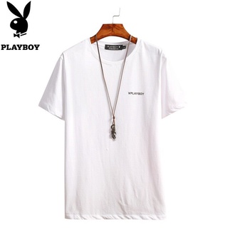 playboy เสื้อยืดคอก ลมแขนสั้นผ้าฝ้ายสําหรับผู้ชาย ผ้าฝ้ายแท้