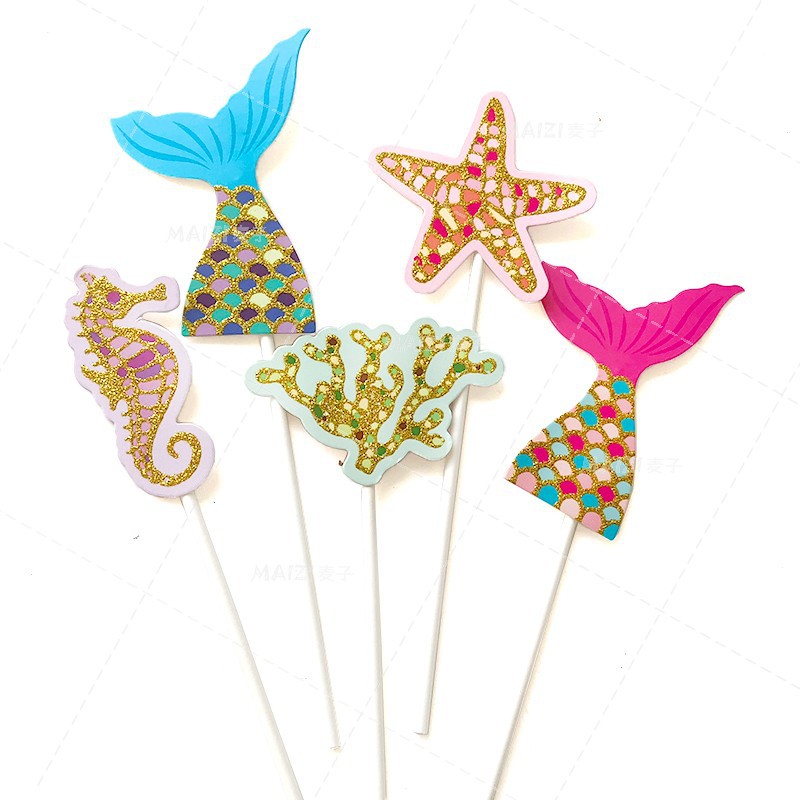 5 ชิ้น เมอร์เมดธีมปาร์ตี้วันเกิดเค้ก คัพเค้ก เค้ก ท็อปเปอร์ สำหรับการตกแต่งของชำร่วยวัสดุ - รูปที่ 2