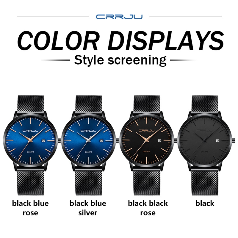 CRRJU Men Watch Black Stainless Steel Mesh Band Calendar Display Sports Waterproof Quartz Watch 2172
