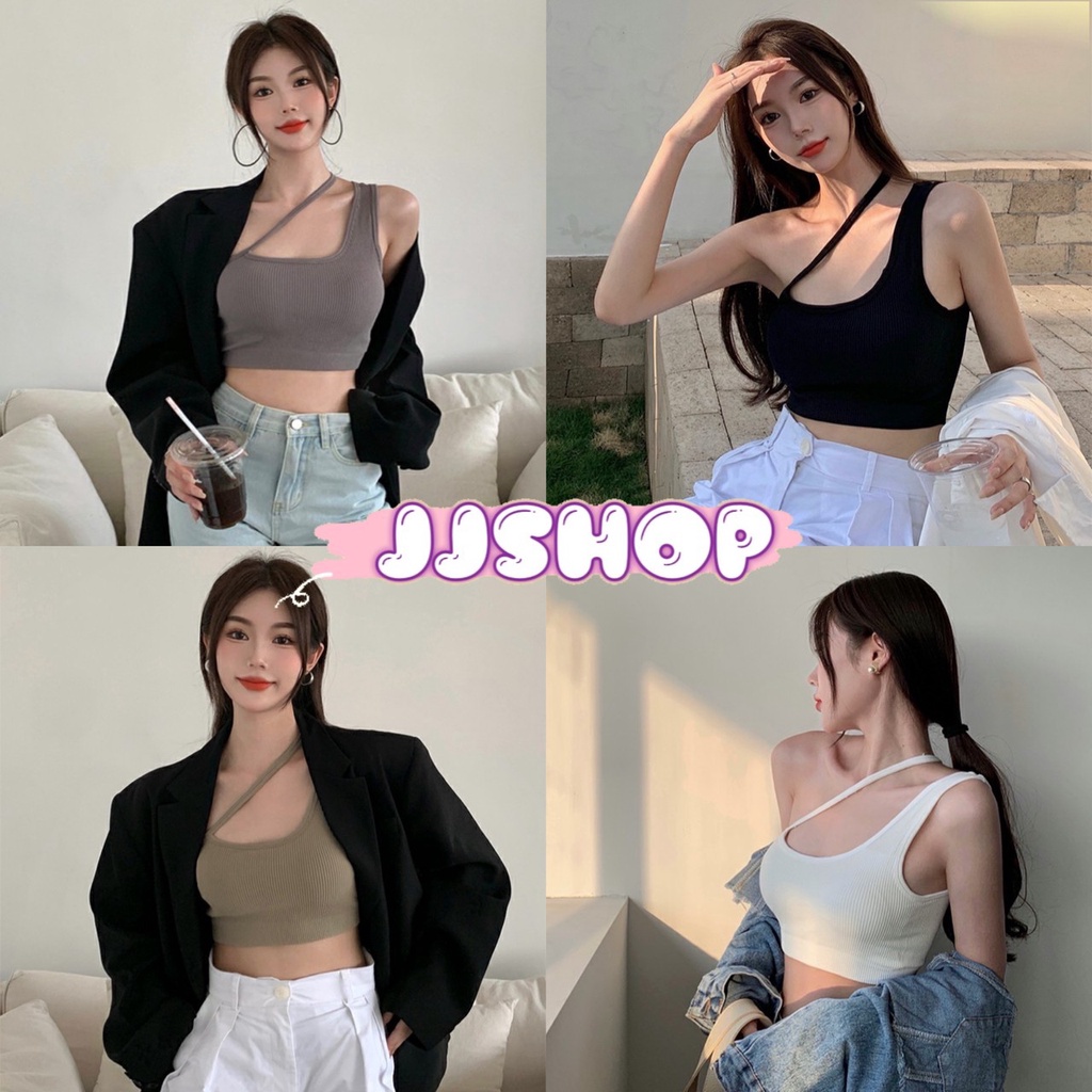 JJ Shop​ ​พร้อมส่ง สื้อสายกล้ามไหมพรม มีฟองน้ำ ดีเทลผ้าร่องใส่สบายน่ารัก "FY402" -N