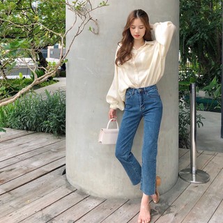 JARINYA 💛กางเกงยีนส์ทรงกระบอกเล็ก ผ้ายีนส์ยืด เอวสูง ปลายขาตัด รับประกันเนื้อผ้าอย่างดี