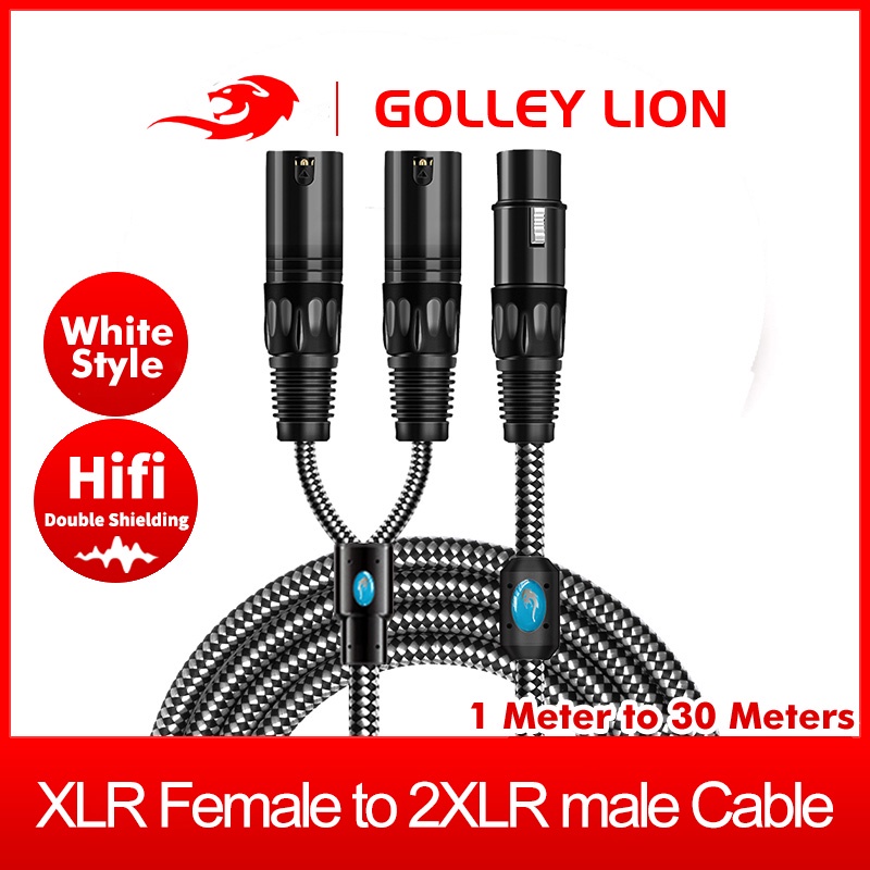 Golley Lion Xlr Female To 2 Xlr Male Balanced Y Splitter สายเคเบิ้ลแยกเสียงสําหรับไมโครโฟนเครื่องขยายเสียงสีขาว
