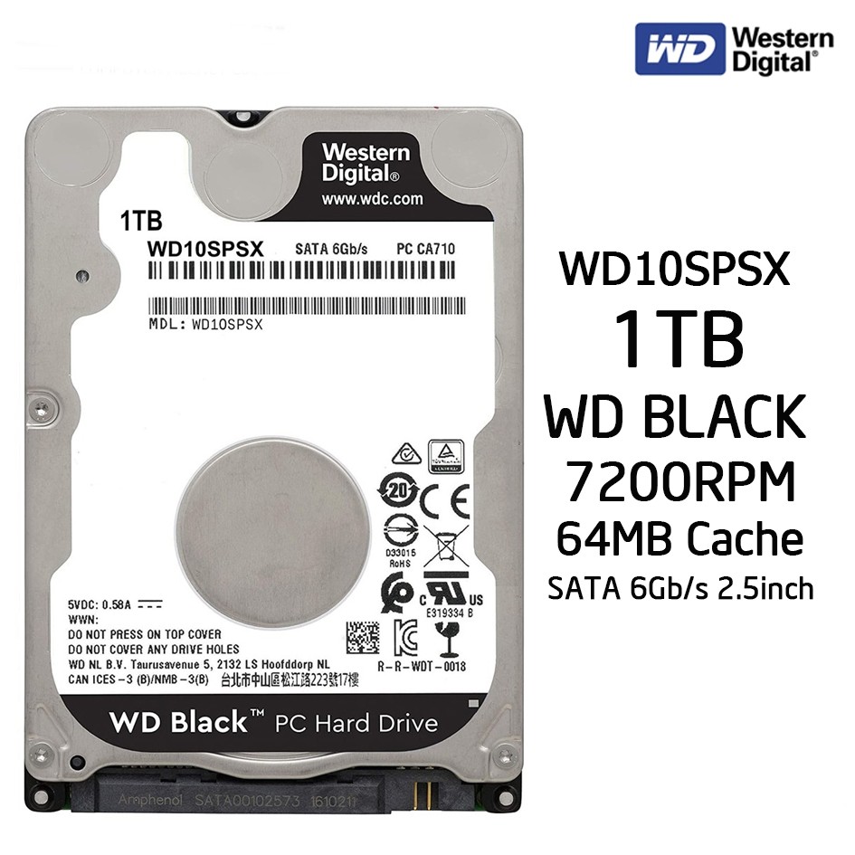 1 TB HDD 2.5" (ฮาร์ดดิสก์โน้ตบุ๊ค) WD BLACK 7200RPM SATA3 (WD10SPSX) Warranty 5 - Y