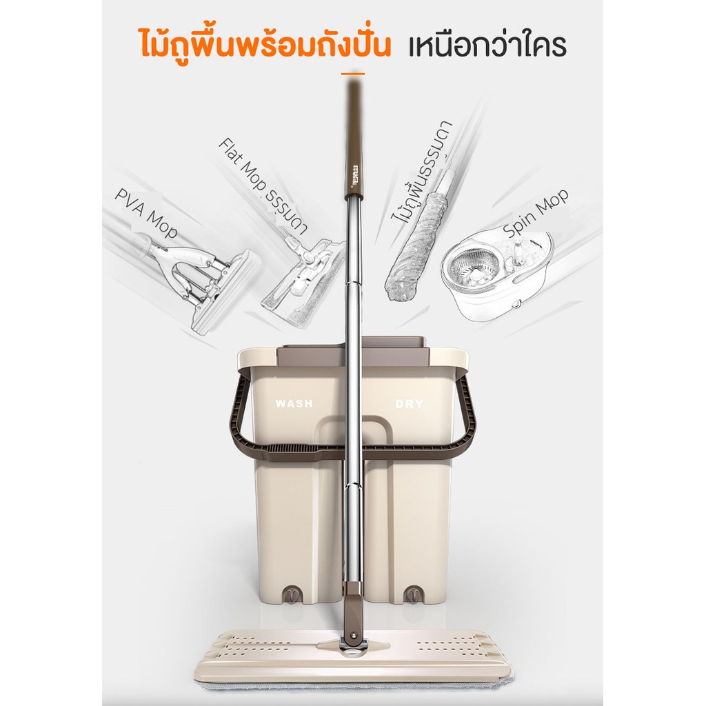 Kumall Flat Mop ไม้ถูพื้น  อัตโนมัติ ล้างและรีดน้ำในตัวขณะเดียวกัน รุ่นใหม่ปี2018 +ผ้า2ผืน