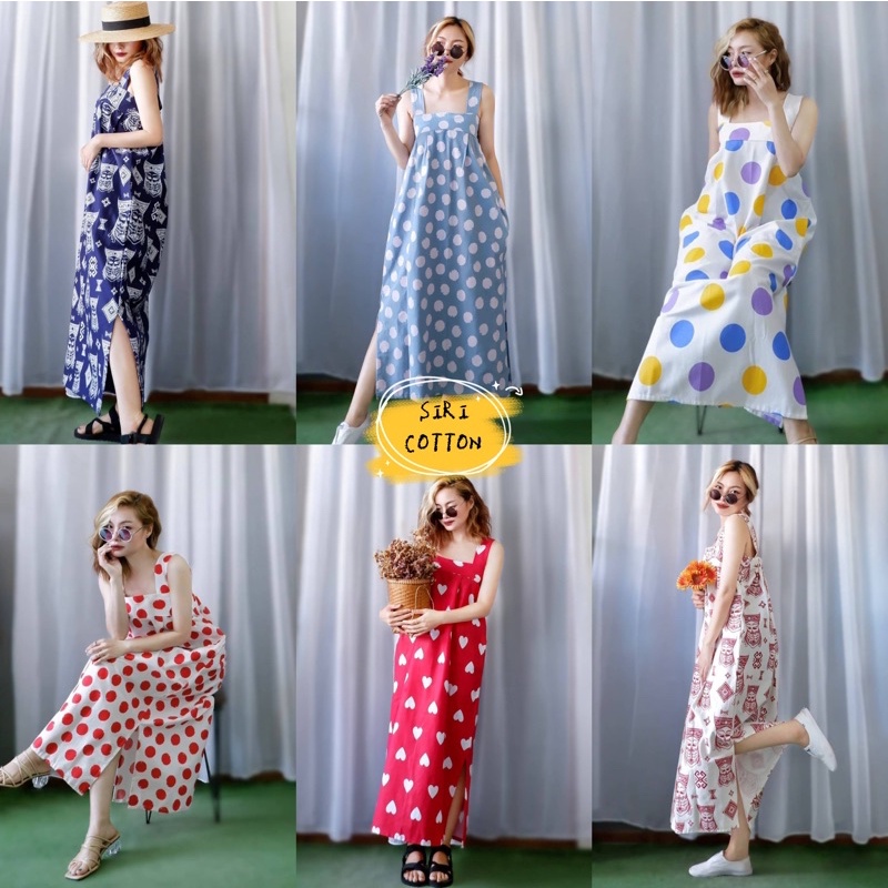 เดรสสายเดี่ยว[สายใหญ่] แหวกข้าง สม็อคยางยืดด้านหลัง ผ้าฝ้ายพิมพ์ลาย พร้อมส่ง