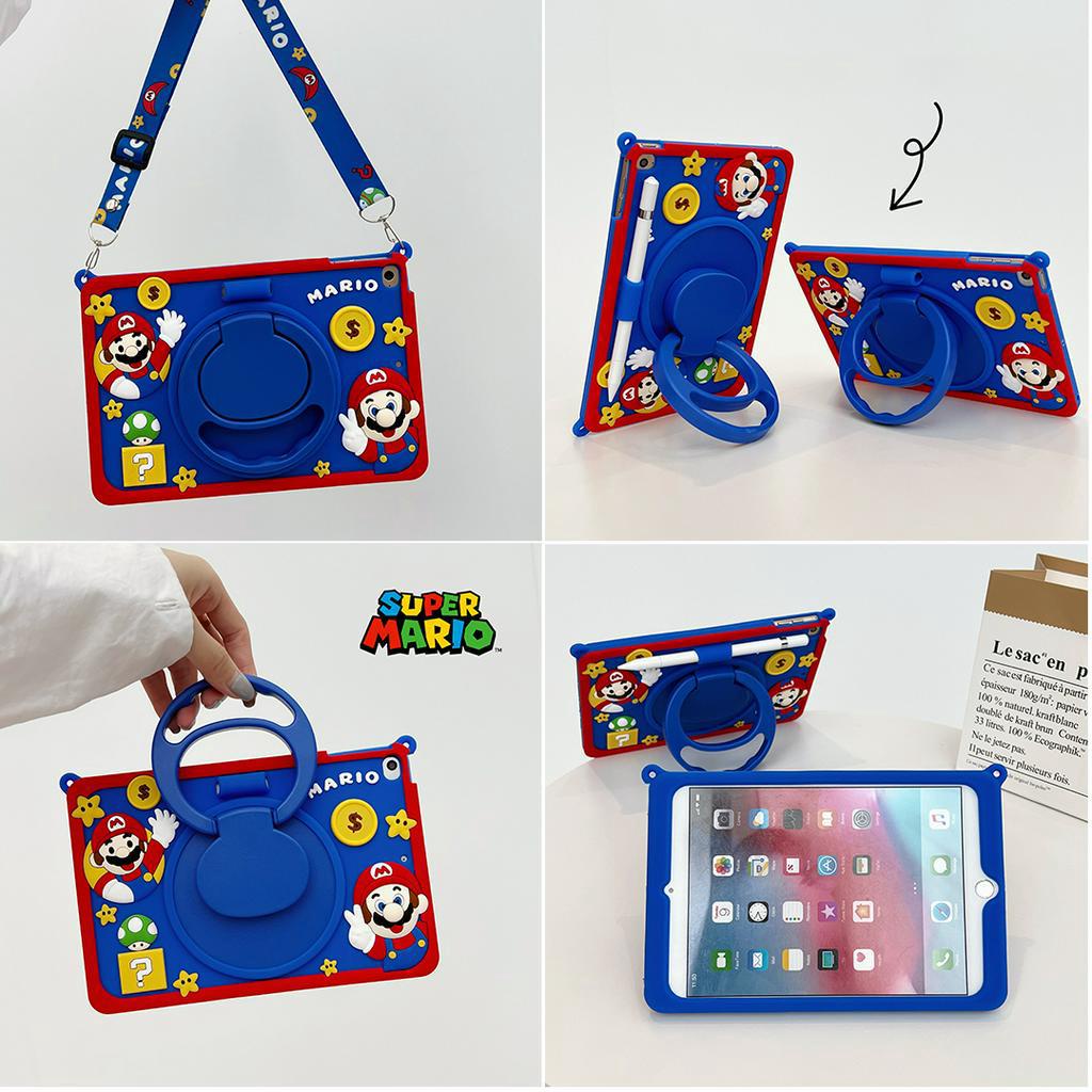 เคส iPad 11th Gen A16 Air 11 inch M2 M3 10th Gen 10.9 9th 8th 7th 10.2 6th 5th Generation 9.7 2018 Air 4th 10.9 10.5 Mini รุ่นที่ 6 5 4 3 2 1 เคสซิลิโคน TPU แบบนิ่ม ลายมาริโอ้ พร้อมสายคล้อง สําหรับ Gen10 Gen9 Gen8 Gen7 Gen6